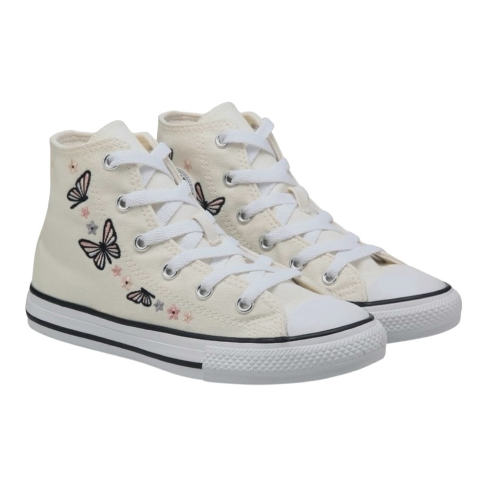 Converse Kids High Top Boots in Cream with Black and Pink Butterfly Embroidery